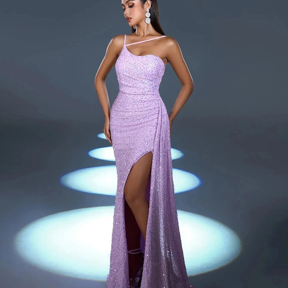 New Asymmetrical Spaghetti Straps Split Thigh Seq… - image 3